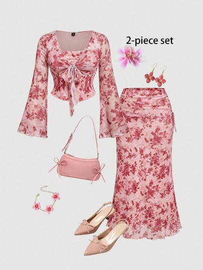 SHEIN MOD Plus Size Women Floral Print Twist Front Flare Sleeve Top And Fish Tail Skirt Elegant Set,Fall Clothes For Women, Fall Women Skirts Fall Sets ,Tall Women Clothes, Women Fall Sets, Vacation Outfits Tropical Floral Two Piece Set
