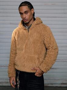 AXEPEAK Autumn/Winter Essential Fluffy Hooded Sweatshirt With Half Zip Design, Soft & Versatile - Brown - View 1