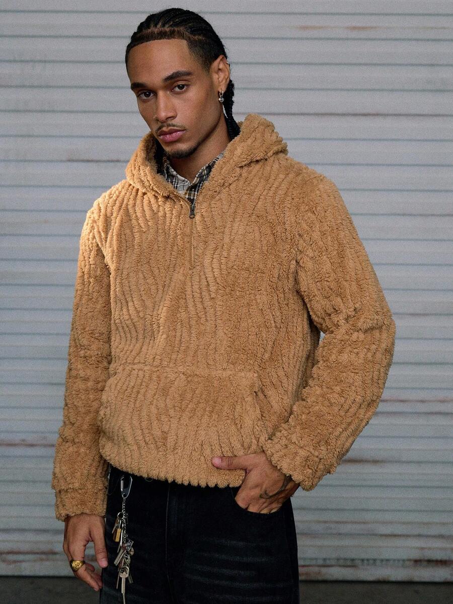 AXEPEAK Autumn/Winter Essential Fluffy Hooded Sweatshirt With Half Zip Design, Soft & Versatile - Brown - View 1