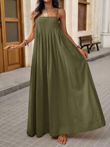 SHEIN VCAY 女士宽松纯色梭织连衣裙，适合春夏季度假 - 綠色 - 查看 3