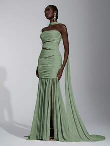 Elitara Elegant Luxurious Mustard Yellow Elastic Mesh Hollow Design Fitted Sexy Slit Fishtail Skirt, Suitable For Women's Formal Evening Gown - Mint Green - View 6