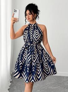 Elenzga Váy thường ngày in họa tiết thời trang cỡ lớn mới dành cho nữ - Màu xanh hải quân - Xem 1