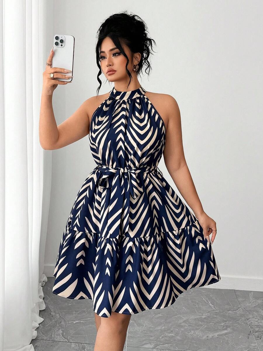 Elenzga Váy thường ngày in họa tiết thời trang cỡ lớn mới dành cho nữ - Màu xanh hải quân - Xem 1