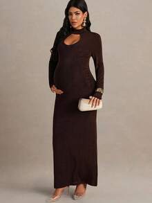 MaterniChic Đầm suông dáng suông cổ đứng tay dài màu trơn cho bà bầu - màu nâu - Xem 5