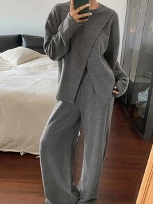 Livesso 女士休闲宽松圆领上衣和阔腿裤两件套 - 灰色 - 查看 7