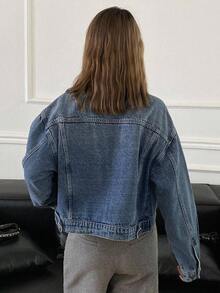 Livesso 秋冬新款宽松休闲厚款缀饰女士牛仔夹克外套 - 藍色 - 查看 2