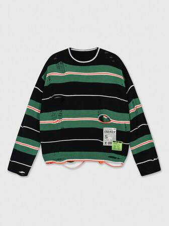 Street Life Herren gestreifter Langarm-Pullover, locker geschnittener Crop-Fit, Herbst Winter