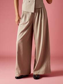MISSGUIDED Pinstripe Wide Leg Palazzo Pants High Waisted Business Professional Work Wear Office Trousers Wide Leg Career Elegant Contemporary Classic - Apricot - View 3