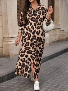 EMERY ROSE فستان قميص كاجوال فضفاض بتصميم كتف متدلي بطبعة نمر للمرأة البدينة، تصميم جيب وهمي، فستان طويل للربيع/الخريف - متعدد الألوان - مشاهدة 3