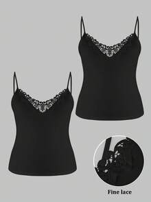 SHEIN LUNE Plus Size Lace Patchwork Solid Color Camisole 2 Pieces Set - Black - View 1