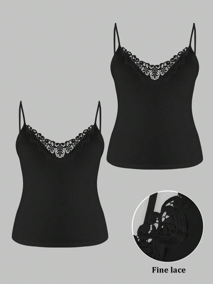 SHEIN LUNE Plus Size Lace Patchwork Solid Color Camisole 2 Pieces Set - Black - View 1