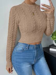 SHEIN Raffinéa Casual Solid Color Fitted Cropped Sweater, Autumn Fall Winter Cloth For Women - Khaki - View 4