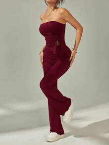 SHEIN PETITE 2 件套：褶饰抹胸上衣，不对称下摆，喇叭裤 - 酒紅色 - 查看 3