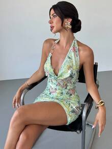 Firerie 女士优雅性感精致浪漫度假派对音乐节约会之夜低胸金属装饰 3D 花卉亮片印花紧身迷你露背绿色连衣裙 - 綠色 - 查看 10