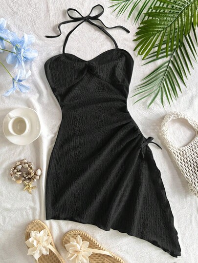Tween Girl Vacation Mini Dress Holiday Halter Neck Drawstring Texture Fabric Asymmetrical Hem Dress, Summer Dresses, Pastel Solid Mint Dresses Black Mini Dress Black Halter Dress Little Black Dress Black Summer Dress Black Tie Side Dress