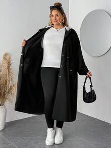 SHEIN CURVE+ 大码女式长袖单排扣抽绳腰休闲撞色连帽风衣女式长外套女式长外套开放式长袍大码夹克适度外套，女式秋季服装冬季秋冬 - 黑色 - 查看 10