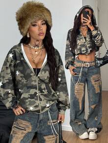 Coolane Women's Fall/Winter Fashion Streetwear Going Out Casual  Homecoming Camo Print Loose Long Sleeve Zip Up Hooded Sweatshirt Jacket - Multicolor - View 1