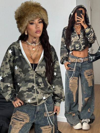 Coolane Women's Fall/Winter Fashion Streetwear Going Out Casual  Homecoming Camo Print Loose Long Sleeve Zip Up Hooded Sweatshirt Jacket