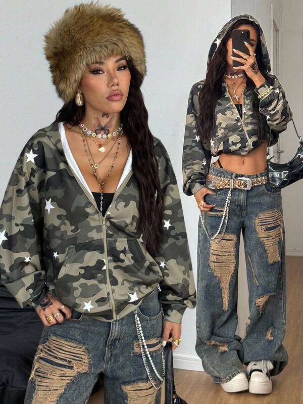 Coolane Women's Fall/Winter Fashion Streetwear Going Out Casual  Homecoming Camo Print Loose Long Sleeve Zip Up Hooded Sweatshirt Jacket