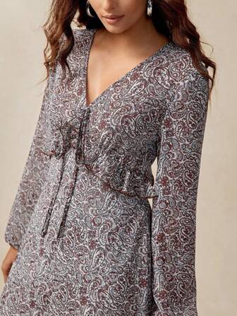 Florisole Women's Elegant Casual Paisley Floral Ruffle Trim Cinched Waist Long Sleeve Dress Fall Cloth For Women