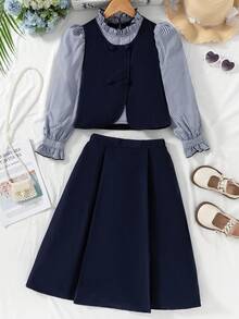 Tween Girl Plaid Patchwork Puff Sleeve Shirt And Mini Skirt Set Fall Winter - Blue - View 6