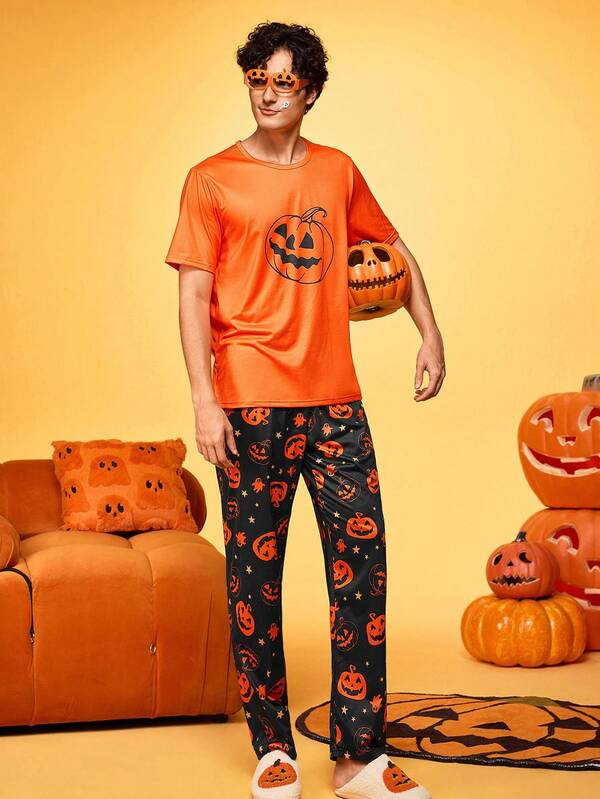 Happy Jammies Conjunto de pijama de 2 piezas con camiseta y pantalones con estampado de calabaza y fantasma que brillan en la oscuridad, cómodo para fiestas en casa en Halloween para hombres