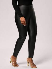 SHEIN Tall CURVE Plus Size Fashionable Metallic High Waist Leggings, Suitable For Autumn/Winter - Black - View 4