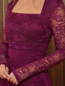 Amorya Áo khoác ren thanh lịch dành cho nữ và váy ôm sát eo, thích hợp mặc hàng ngày vào mùa thu - Màu Đỏ Sâu - Xem 2