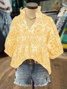 Franclia 大码女式度假泡泡袖V领休闲节日印花衬衫，春夏 - 黃色 - 查看 1