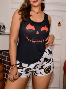 Miss Vinta Plus Size Women Halloween Pumpkin Print Cami Top And Shorts Pajama Set, For Halloween Party - متعدد الألوان - مشاهدة 4