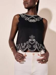 CAJUNI Top noir imprimé décontracté pour vacances pour femmes