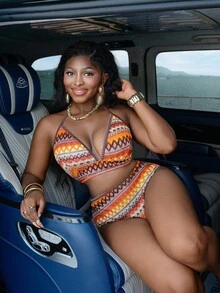 Slaydiva Plus Size Women's Drawstring Triangle Bikini Top And Regular Shorts Swimsuit Set, Summer Beach - Multicolor - View 5