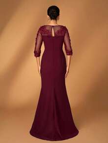 Serin Váy dài tay voan voan xám hồng thanh lịch dành cho nữ, cổ tròn, tay dài, xếp nếp, đính sequin, viền đuôi cá siêu nhỏ, thích hợp cho đám cưới của mẹ cô dâu, sự kiện trang trọng, lễ hội âm nhạc, tiệc tùng - Màu Đỏ Sâu - Xem 2