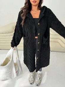 Solflare Plus Size Textured Thick Double-Sided Fleece Long Jacket, Autumn/Winter Fall Plus Size Winter Clothes - Black - View 3