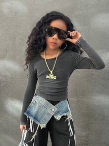 Coolane Kids 少女秋季街头风纯棉长袖修身水洗T恤，休闲运动日常必备单品，适合万圣节、圣诞节等冬季穿着。 - 黑色 - 查看 5