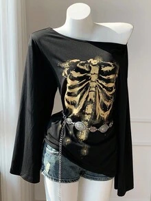 Comfortcana Áo thun nữ tay dài cổ tròn đơn giản, dáng rộng, thường ngày - màu đen - Xem 3