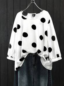 SHEIN CURVE+ 优雅通勤和度假风格女士休闲百搭舒适面料圆领长袖常规设计黑白加大码衬衫，春夏秋 - 黑與白 - 查看 1