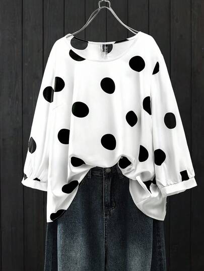 SHEIN CURVE+ 优雅通勤和度假风格女士休闲百搭舒适面料圆领长袖常规设计黑白加大码衬衫，春夏秋