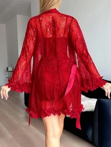 Snug Zone 2pcs Set: 3D Floral Lace Robe + Fishbone Waist Design Lace Camisole Nightgown Red Lace Lingerie Lingerie Robe Set Red Lingerie Set Two Piece Lace Lingerie - Red - View 2
