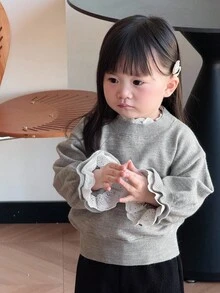 DAZY 女婴二合一韩式蕾丝拼接长袖毛衣幼儿女童服装 - 灰色 - 查看 3