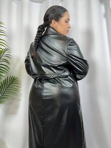 Hourglow Cardis.Ego 女士秋季外套，冬季大码女式时尚街头时尚 PU 皮革翻领双排扣系带长款风衣，秋季，适合沙漏型身材