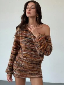 Aloruh 女士秋冬不对称肩长袖高腰修身复古条纹迷你连衣裙，上衣宽松，下装紧身，尽显身材 - 棕色 - 查看 5