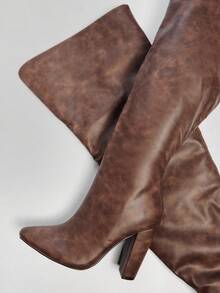 SHUZIA Women's Glamorous Pointy Toe Thigh High Block Heel Boots For Christmas - Brown - View 2
