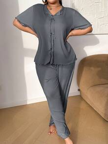 SHEIN Conjunto de pijama de manga larga y pantalones de punto acanalado con decoración de lazo de unicolor, talla grande - Gris - Ver 4