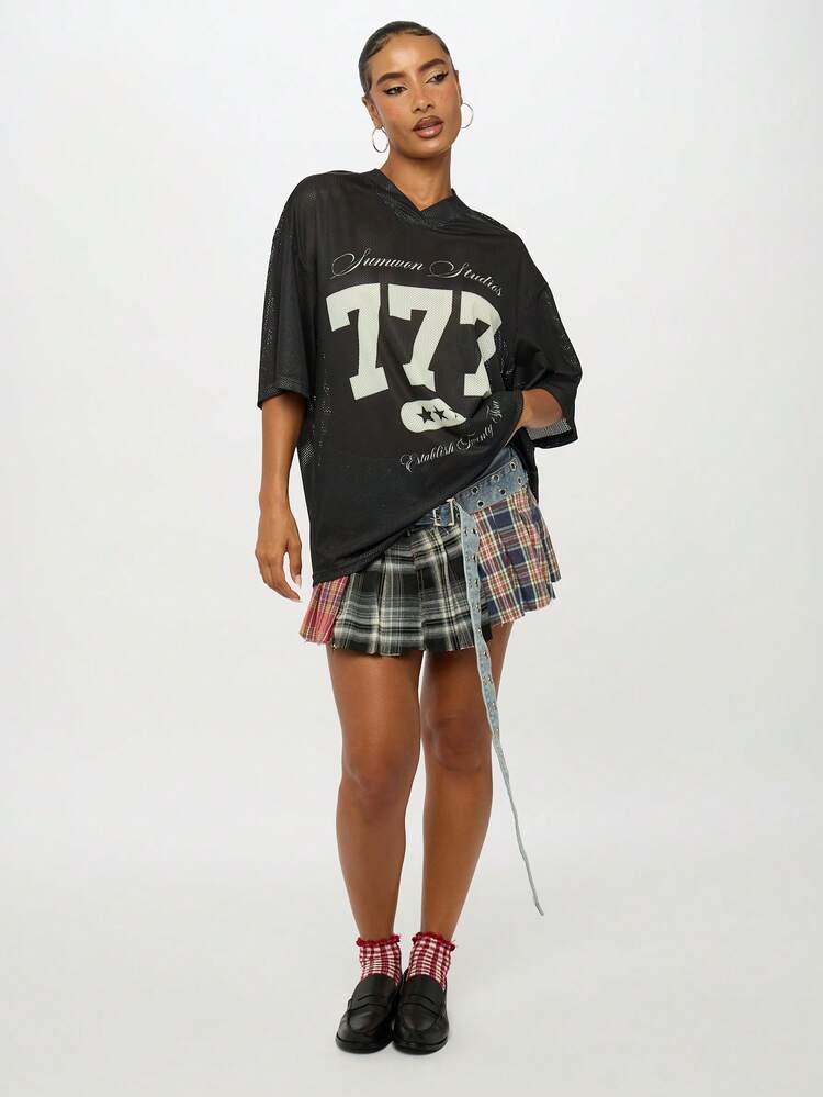 SUMWON WOMEN Black Mesh Varsity Jersey With Collegiate Print