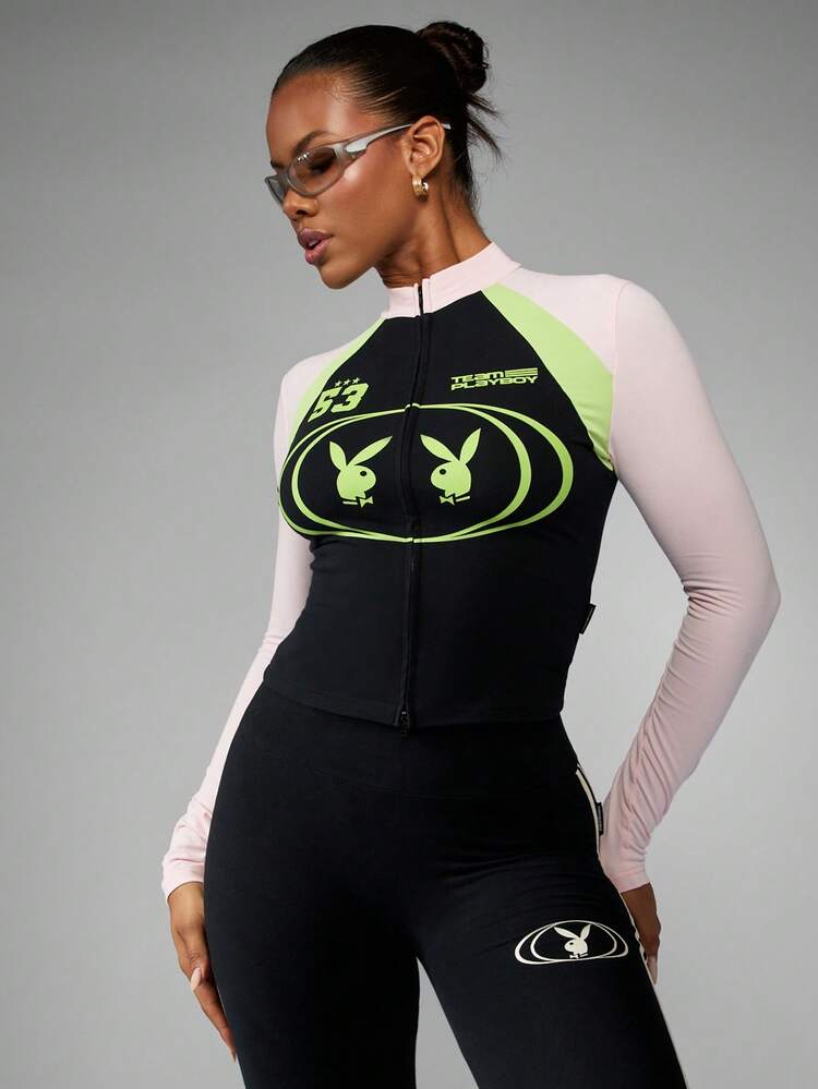Missguided x Playboy Felpa con chiusura lampo, collo a imbuto, maniche lunghe, con blocchi di colore e logo del coniglio in cotone, con numero 53