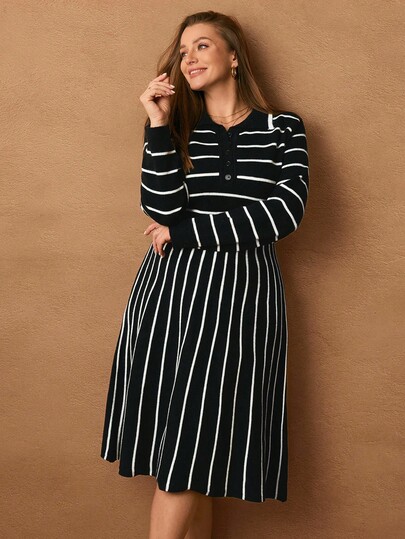 Rosumi Plus Size Women Button Striped Long Sleeve Midi Sweater Dress, Vacation Style Autumn Winter Clothes For Women