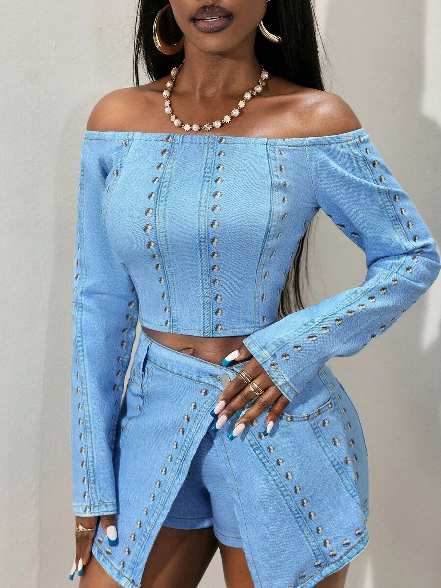 Slaydiva 女式露肩长袖钢柱印花短款修身牛仔上衣 - 藍色 - 查看 1