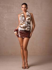 Lumalex Fall Winter Gathering Party Banquet Modest Old Money Coquette Glitter Holiday Party Rave Festival Outing Vacation Hot Outdoor Richly Layered Wedding Season Banquet Coming Of Age Ceremony Faux Fur Turtleneck Backless Bodycon Top For Women Fur Top Fur Vest Women Fur Vest Animal Print Top Luxury Fur Top Luxury Prom ID Al-Adha Al-Adha Party New Year