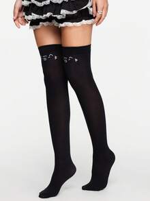 ROMWE Anime 1 双白色可爱卡哇伊猫脸纯色简约时尚个性化女士过膝袜，适合动漫 JK 裙装搭配、日常装、购物、上学等。 - 黑色 - 查看 3